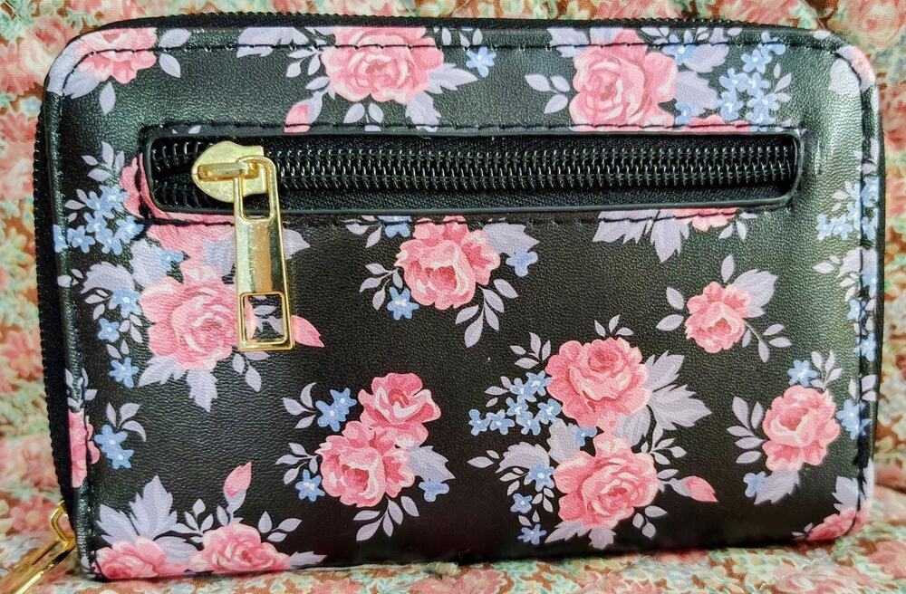 Black And Floral Small Zip Around Wallet NWOT